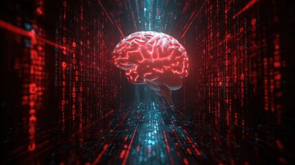 A digital brain visualizing artificial intelligence in a futuristic environment with glowing data streams.