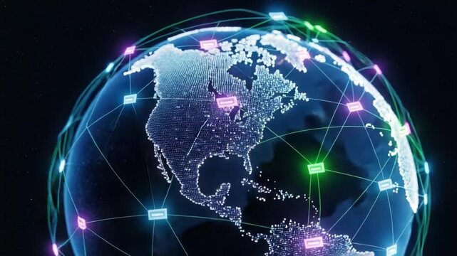 A Dynamic Visualization of Global Connectivity: A 3D Representation of the Earth's Networks, Showcasing Data Links and Information Flow Across Continents
