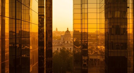 Golden buildings framing a distant domed building at sunset creating a warm urban landscape shot