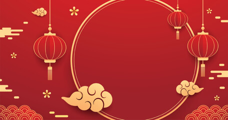 Happy Chinese new year 2026. Chinese new year banner for show product. Greeting card. China frame with lantern on red background.