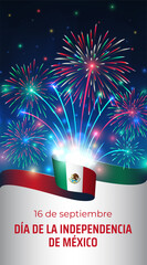 September 16, mexico independence day. Mexican flag and colorful fireworks on blue night sky background. National holiday. Greeting card. Vector. Translation september 16th, Mexican Independence Day