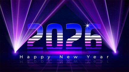 Happy New Year 2026, 26. Retro futuristic tech design in 80s style. New Year greeting card. Purple magenta blue numbers 2026, laser beams, starry sky background. Neon color. Vector illustration