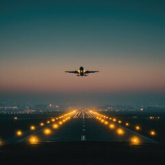 Fototapeta premium Airplane descending towards runway at dusk
