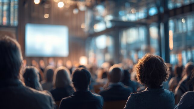 A diverse audience engaged in a conference, focused on a presentation with bright lights and modern architecture.