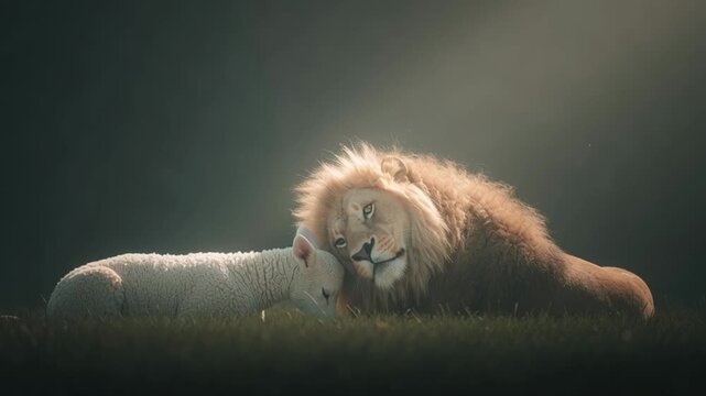 4k video of a lion and a lamb together.
