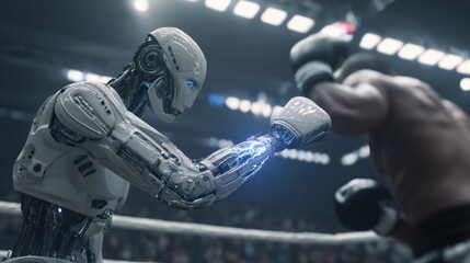 A futuristic fight scene featuring a humanoid robot and a boxer in a high-energy match. Technology meets athletics.