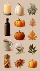 Artful arrangement of fall-themed elements including pumpkins, candles, and leaves against a neutral background
