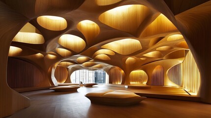 Interior with warm wooden structures and organic shapes. Natural light and soft seating create a welcoming ambiance