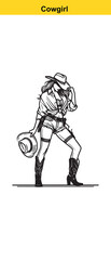 Western Cowgirl Vector Illustration – Stylish Black & White Fashion Portrait