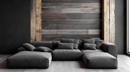 Modern living room featuring a large gray sectional sofa, wood wall, and natural light