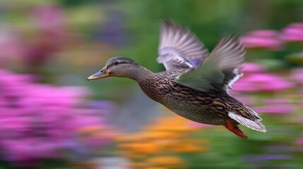 A graceful duck in flight, surrounded by vibrant flowers, capturing the beauty of nature in motion.