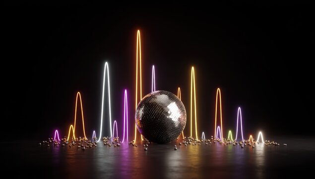 Mirrored sphere centered, neon light trails rise behind