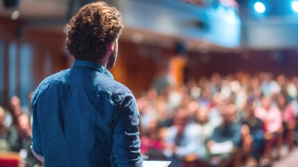 A man presenting to an attentive audience in a well-lit conference room, highlighting effective communication skills.