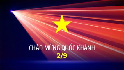 September 2, vietnam independence day. Vietnamese flag laser light show. National holiday. Laser beams, dj light party. Vector greetings card. Translation September 2nd Independence Day
