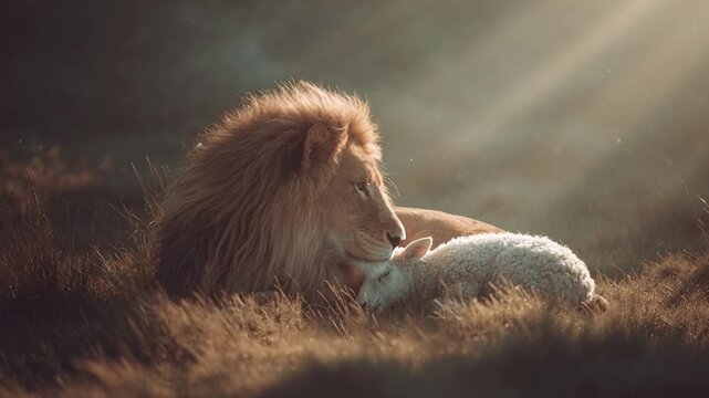 4k video of a lion and a lamb together.