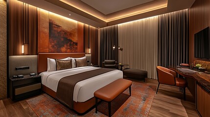 Luxurious hotel room with large bed, warm lighting, desk, and seating