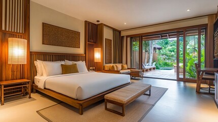 Luxury bedroom with wooden furniture, large bed, and open door to a green patio