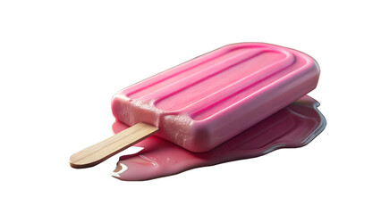 A pink ice pop melting on a transparent background, with its sweet liquid pooling beneath it