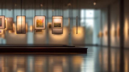 A modern art gallery with bright lighting, showcasing various art pieces on display in an elegant environment.