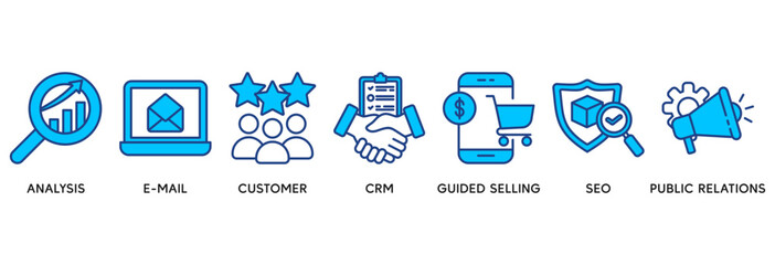 Inbound marketing icon set vector illustration concept relate to analysis, email, customer, crm, guided selling, seo and public relations