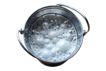 A metal bucket filled with boiling water, showing numerous bubbles rising to the surface, indicating intense heat isolated on transparent background