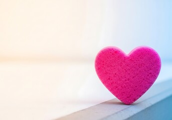 Fototapeta premium Pink Heart-Shaped Sponge on White Background: Romantic, Soft, Gentle Mood