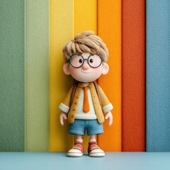 Adorable cartoon schoolboy with glasses standing against colorful rainbow striped wall background Generative AI