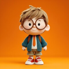 Cute cartoon schoolboy with glasses and backpack wearing teal sweater and orange tie on bright orange background Generative AI
