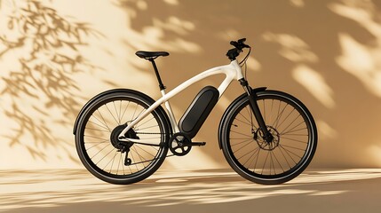 Fototapeta premium Modern electric bike on the right, muted beige background, stylish and eco-friendly 