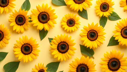 A vibrant arrangement of sunflowers with green leaves against a yellow background.