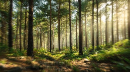Obraz premium A serene forest scene bathed in soft sunlight, showcasing lush greenery and tall trees, perfect for nature lovers.