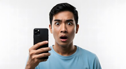Jaw-Dropping Moment: Expressive Young Asian Man Stares at Phone in Utter Shock
