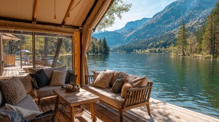 A serene lakeside view from a cozy cabin with wooden furniture, surrounded by majestic mountains and clear waters.