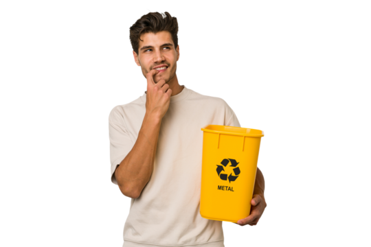 Young caucasian man holding a metal trash for recycle Young caucasian man holding recycling bins isolated on white background relaxed thinking about something looking at a copy space.