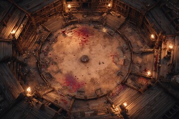 Top-down view of a circular wooden battle arena with staircases, torches, and a bloodstained dirt floor, evoking a gritty fantasy combat setting or ancient gladiator pit