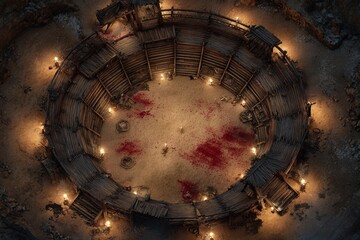 Top-down view of a circular wooden battle arena with staircases, torches, and a bloodstained dirt floor, evoking a gritty fantasy combat setting or ancient gladiator pit