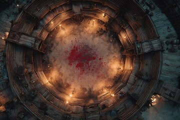 Top-down view of a circular wooden battle arena with staircases, torches, and a bloodstained dirt floor, evoking a gritty fantasy combat setting or ancient gladiator pit