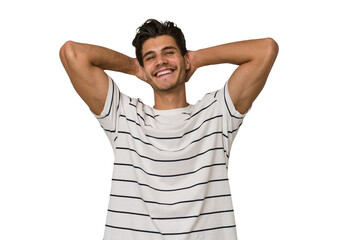 Young handsome caucasian man isolated on white background stretching arms, relaxed position.