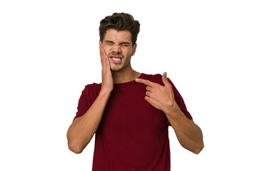 Young handsome caucasian man isolated on white background having a strong teeth pain, molar ache.