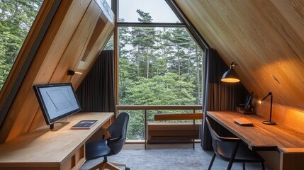 Naklejka premium Cozy A-frame office with wooden desks, facing forest view through large window. Two desks with lights and chairs