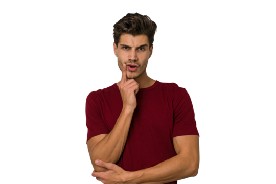Young handsome caucasian man isolated on white background looking sideways with doubtful and skeptical expression.