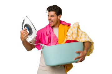 Young caucasian man doing laundry and holding aa iron isolated
