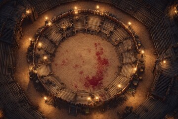 Top-down view of a circular wooden battle arena with staircases, torches, and a bloodstained dirt floor, evoking a gritty fantasy combat setting or ancient gladiator pit