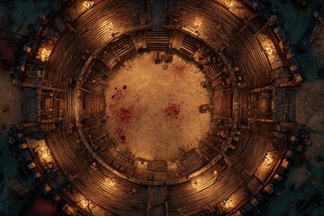 Top-down view of a circular wooden battle arena with staircases, torches, and a bloodstained dirt floor, evoking a gritty fantasy combat setting or ancient gladiator pit