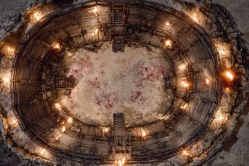 Top-down view of a circular wooden battle arena with staircases, torches, and a bloodstained dirt floor, evoking a gritty fantasy combat setting or ancient gladiator pit