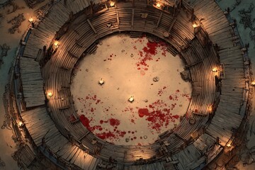 Top-down view of a circular wooden battle arena with staircases, torches, and a bloodstained dirt floor, evoking a gritty fantasy combat setting or ancient gladiator pit