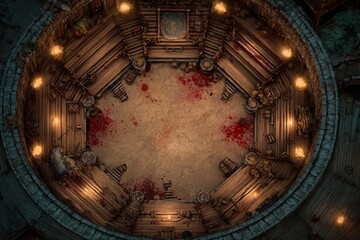 Top-down view of a circular wooden battle arena with staircases, torches, and a bloodstained dirt floor, evoking a gritty fantasy combat setting or ancient gladiator pit