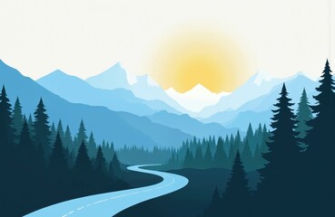 Serene landscape with winding road disappearing into distance. Green trees surround road with leaves forming canopy filtering sunlight. Majestic mountain range stretches across scene with peaks