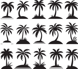 Palm tree silhouettes on a tropical summer landscape with beach and nature elements