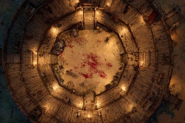 Top-down view of a circular wooden battle arena with staircases, torches, and a bloodstained dirt floor, evoking a gritty fantasy combat setting or ancient gladiator pit